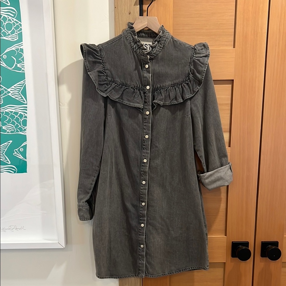 Just Female Gray Ruffled Denim Weatern Dress